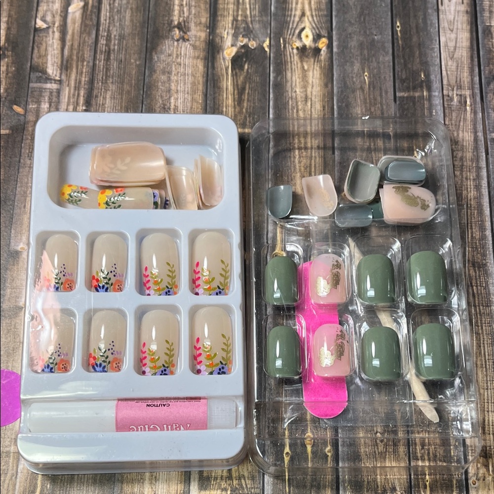 5for$10 Medium Squared Nude Nails With Flowers And Medium Green Nails With Gold
